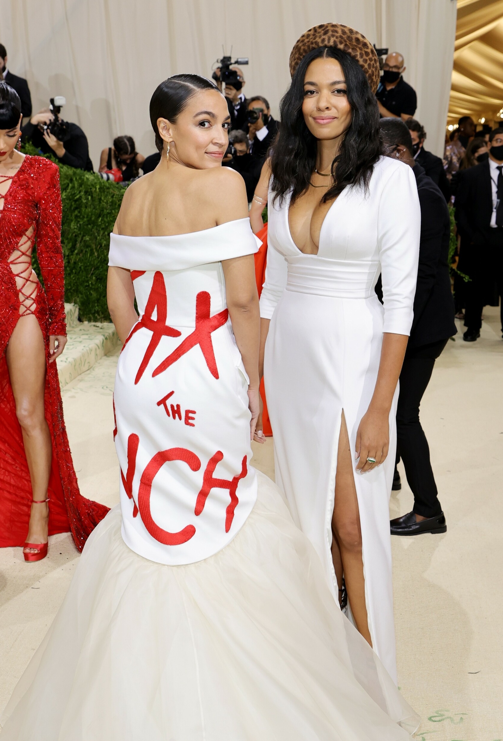 DO LIKE MORTHA: US politician Alexandria Ocasio-Cortez at this year's MET gala picked up a dress with the caption 