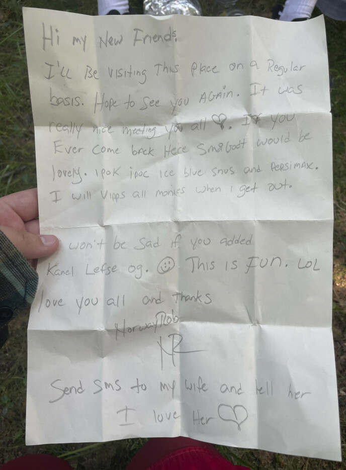 WRITE LETTER: Here's the message, the shopping list if you like, that Robert Michael Scott left in the woods to fix more food.  Photo: private
