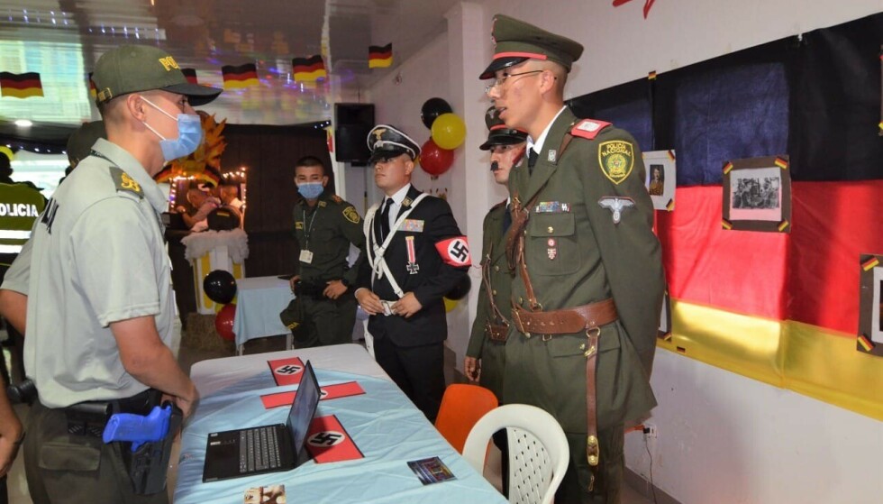 Swastika: Tablecloths also had a swastika flag.  Photo: Colombian National Police