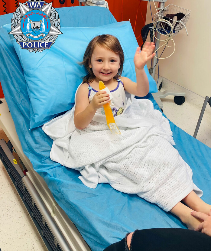 GRINDING: Police released a photo of Cleo smiling from her hospital bed after she was found.  Photo: Western Australian Police via AP