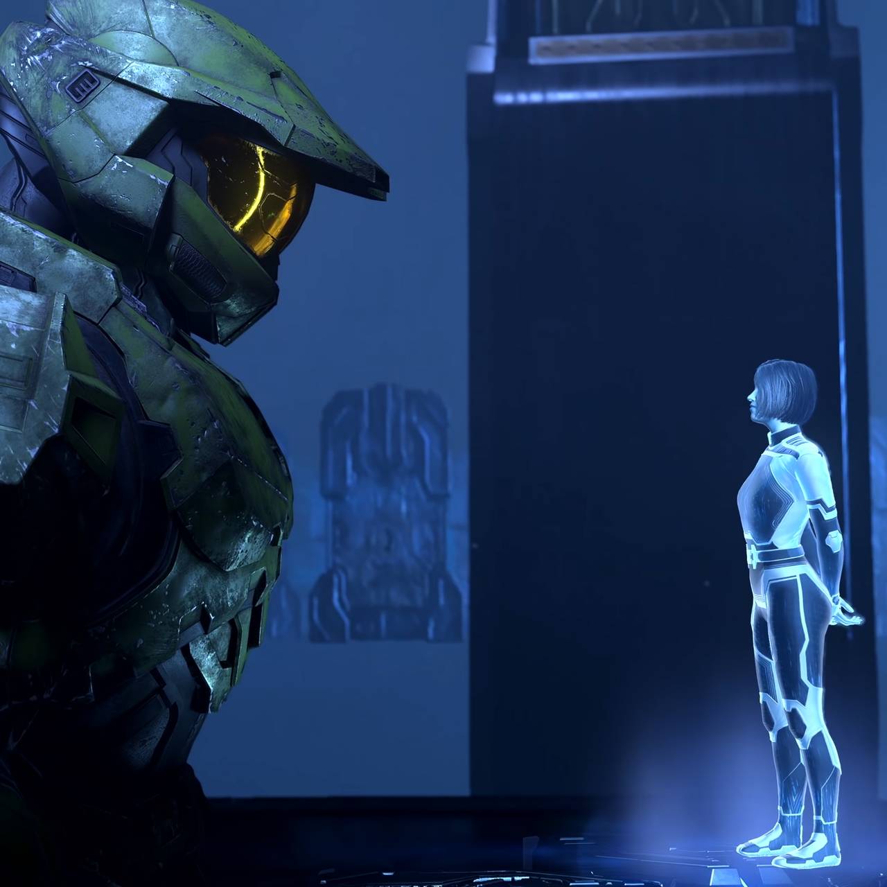 The game character Master Chief looks at a character surrounded by a luminous aura - a new artificial intelligence.  From the game 