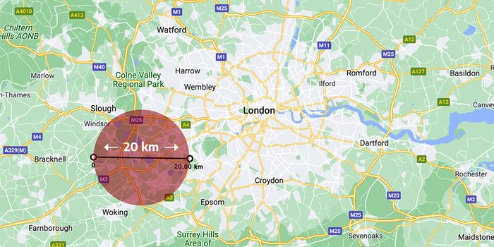 The large red circle represents the neutron star on the map of London.