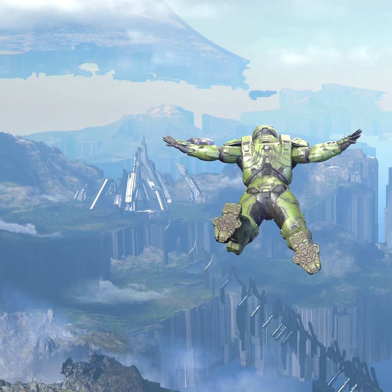 The Master Chief character is floating in the air in Halo Infinite.