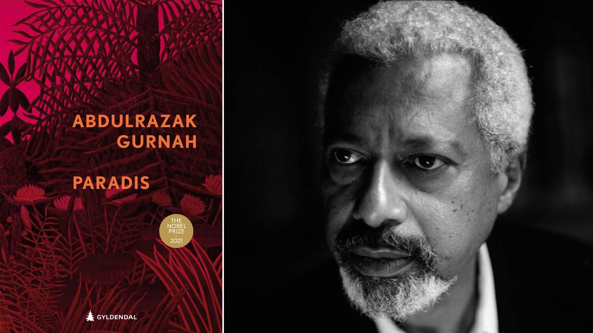 Bokomslag og portrett av Abdulrazak Gurnah og boka Paradis