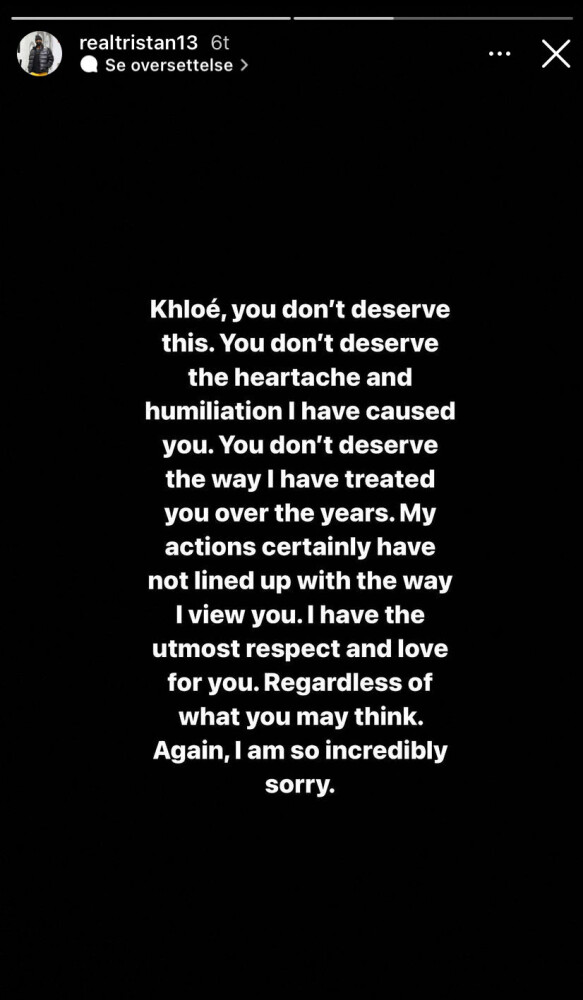 Thompson writes a public apology to his ex on his Instagram Story.  Photo: screenshot from Instagram