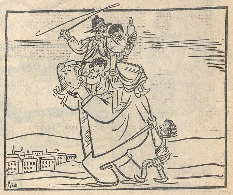 Avisa Nation 1931 caricature of Prime Minister Moenkel carrying a family of gypsies on his back.  This year, two-year-old Milos Karoly and his family were denied entry to Norway after they were arrested in Trelleborg, Sweden.  The country was now hermetically closed to the chambers.