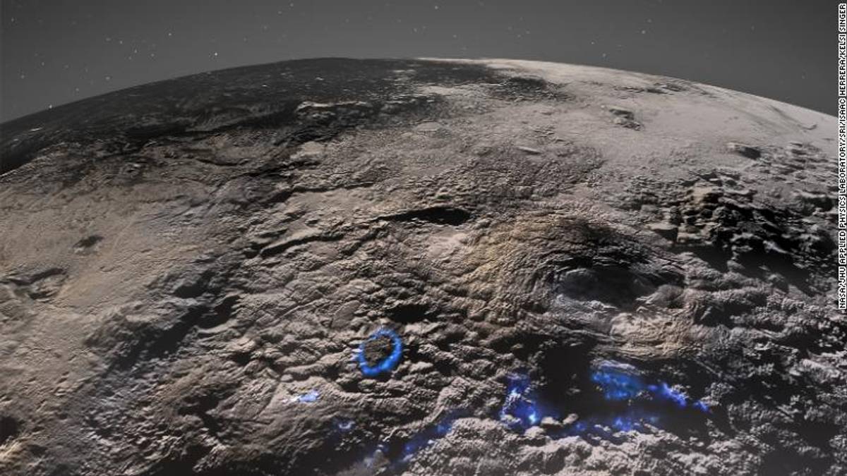 Bildet viser isvulkaner på dvergplaneten Pluto.