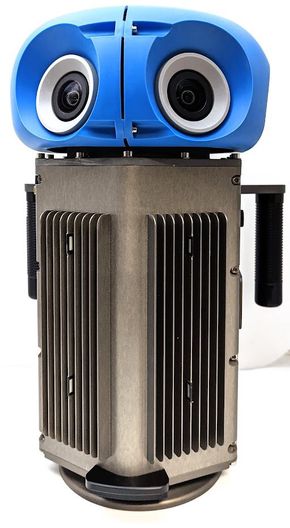 A portable blue head camera that has cameras and a metal box around the rest of the devices.