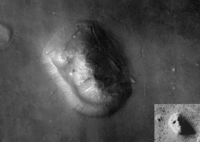 Gone: Recent images from the Mars Express expedition in 2008, revealed that there must have been light and weather conditions that gave the impression of a face (photo from 1976 in the lower corner).  Photo: NASA/JPL/University of Arizona