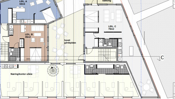 The apartment before resuscitation: Kong Oscars Gate 25 B, 2nd floor. The apartment is highlighted in gray.  A light wall was later created in the area on the lower right, and in the upper left.  The room is 2.6 square meters made in the upper left.  Photo: Bergen municipality