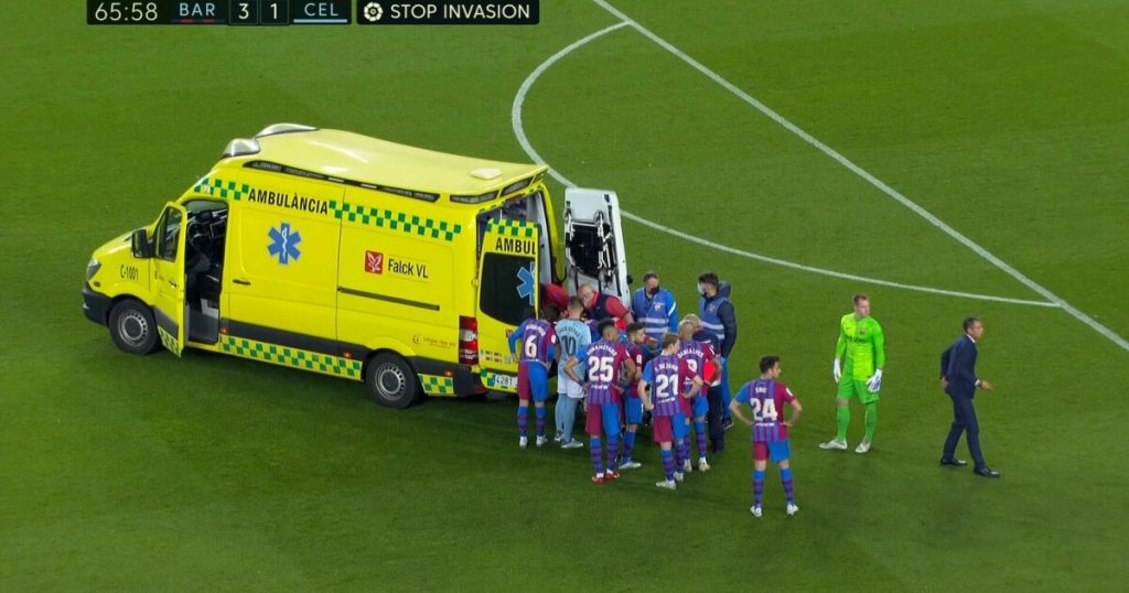 The Barcelona star was taken off the field by an ambulance
