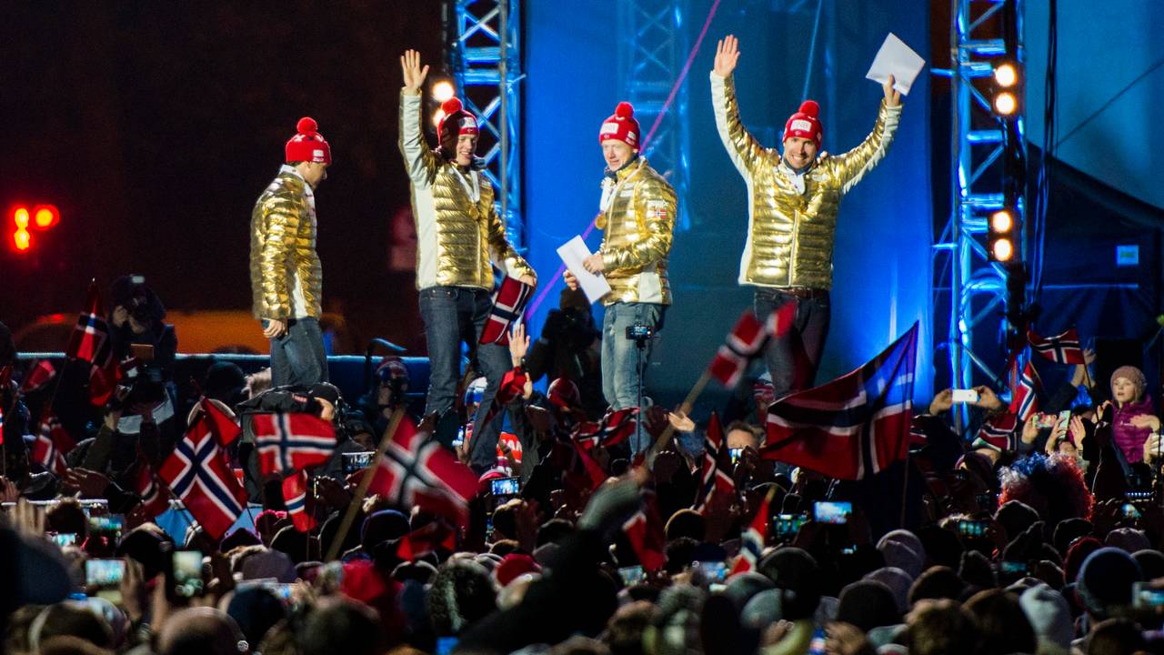 Emil Hegel-Svendsen, Johannes Thingness Poe, Targay Poe and Ole Einar Björndalen received gold medals after the men's 4 x 7.5 km relay at the Medal Plaza at Universitäts Plasen in Oslo on Saturday night.