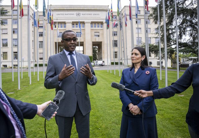 Agree: Rwandan Foreign Minister Vincent Perrota (left) and British Home Secretary Priti Patel speak to the press outside the United Nations headquarters in Geneva about the two countries' controversial asylum agreement.  Photo: AP/NTB