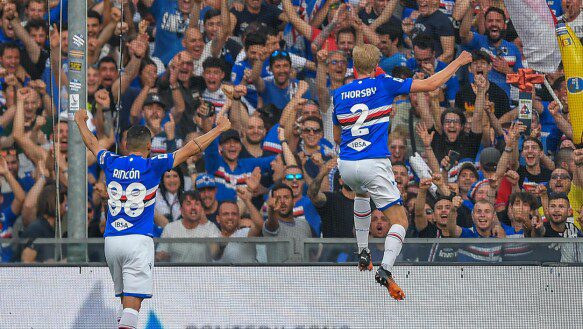 Italy superstar: Morten Thorsby - with his new number 2 kit - celebrates a goal against Fiorentina in front of the Sampdoria fans.  Photo: Danilo Vigo / ipa-agency.net