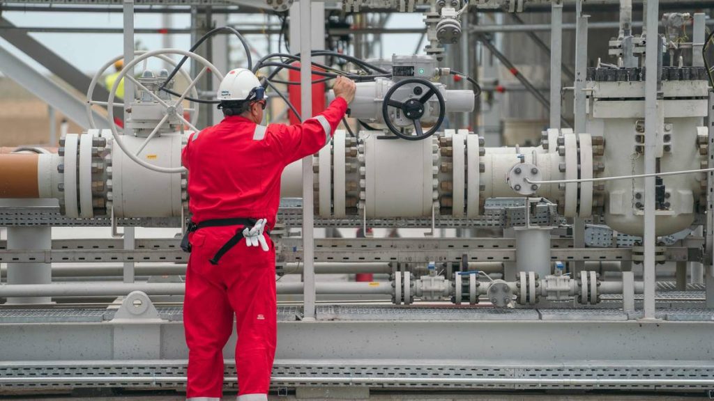 Ein arbeidar på eit gasskraftverk i Vadu i Romania gjer ein rutinesjekk. Kraftverket brukar gasressursar frå Svartehavet. EU