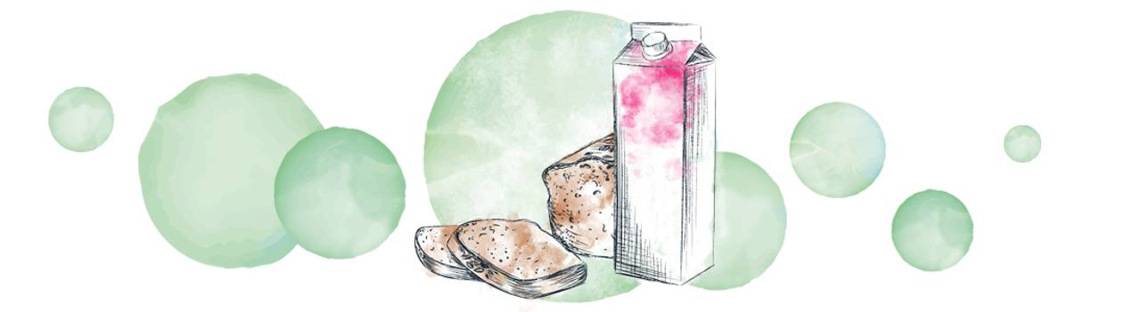 Illustration of a milk carton and a slice of bread. 