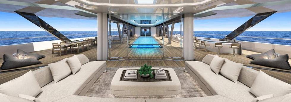 Stunning: tall pillars, large glass surfaces and a large sofa nook in the back.  Standing here, in this wonderful boat, it is perhaps easy to believe that the world is yours.  Pictured: Harrison Eddesgaard