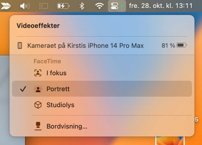 From the control panel, you can choose whether to use video effects when using the continuity camera.  Portrait mode gives you a blurry background, while table view lets you show you and your desktop at the same time.  Screenshot: Kirsti Østvang