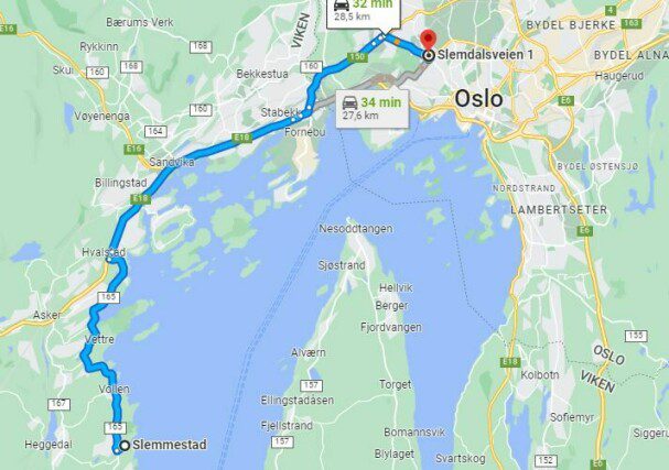 Mile after mile: you have to drive 28.5 kilometers to get from Slimstadt to Slimdalsveen 1. Photo: screenshot / Google Maps