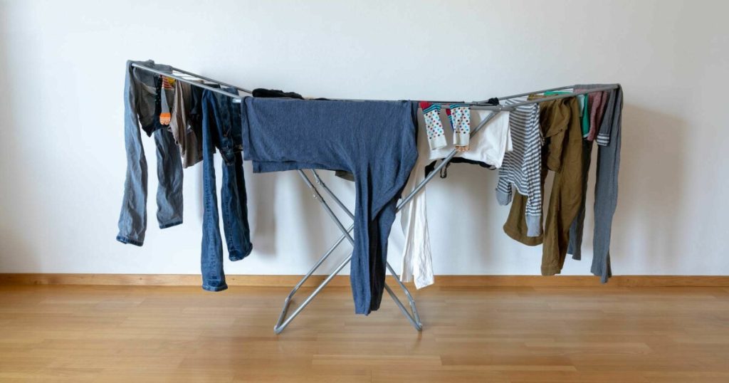 Half dry clothes on the shelves to save money