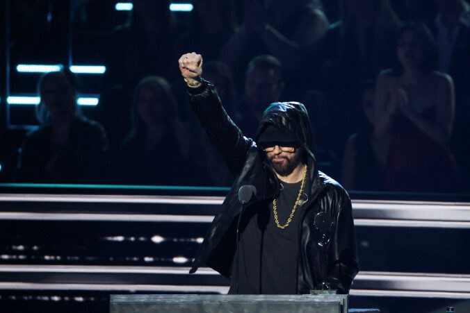 Agitator: Eminem speaks after being inducted into the Rock and Roll Hall of Fame.  Photo: Mario Anzoni/Reuters/NTP