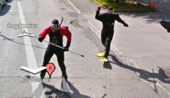 On the hunt: These two men chased a Google Street View car in Bergen in 2010 — wearing full frog masks.  Photo: Google