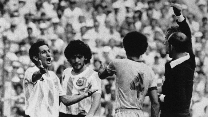 SO RED: Diego Maradona chose to send off an opponent at the 1982 World Cup. Photo: AP Photo